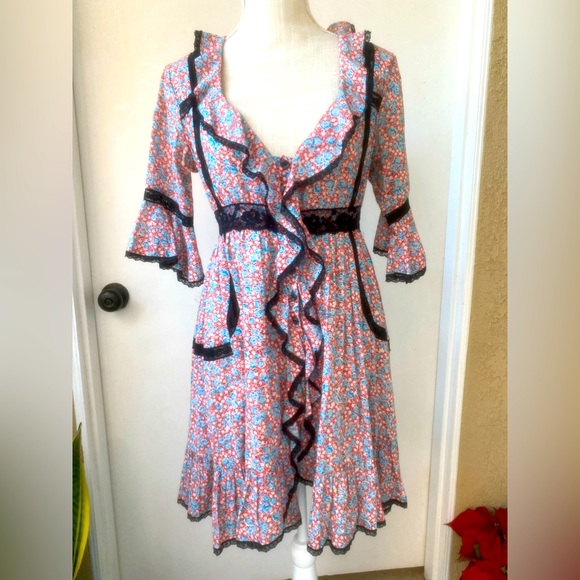 vintage free people floral lace ruffles retro button down mini dress sz 4 - Picture 1 of 15